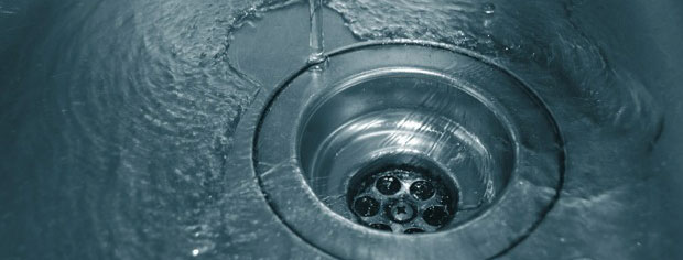 Close-up view of a stainless steel kitchen sink drain.