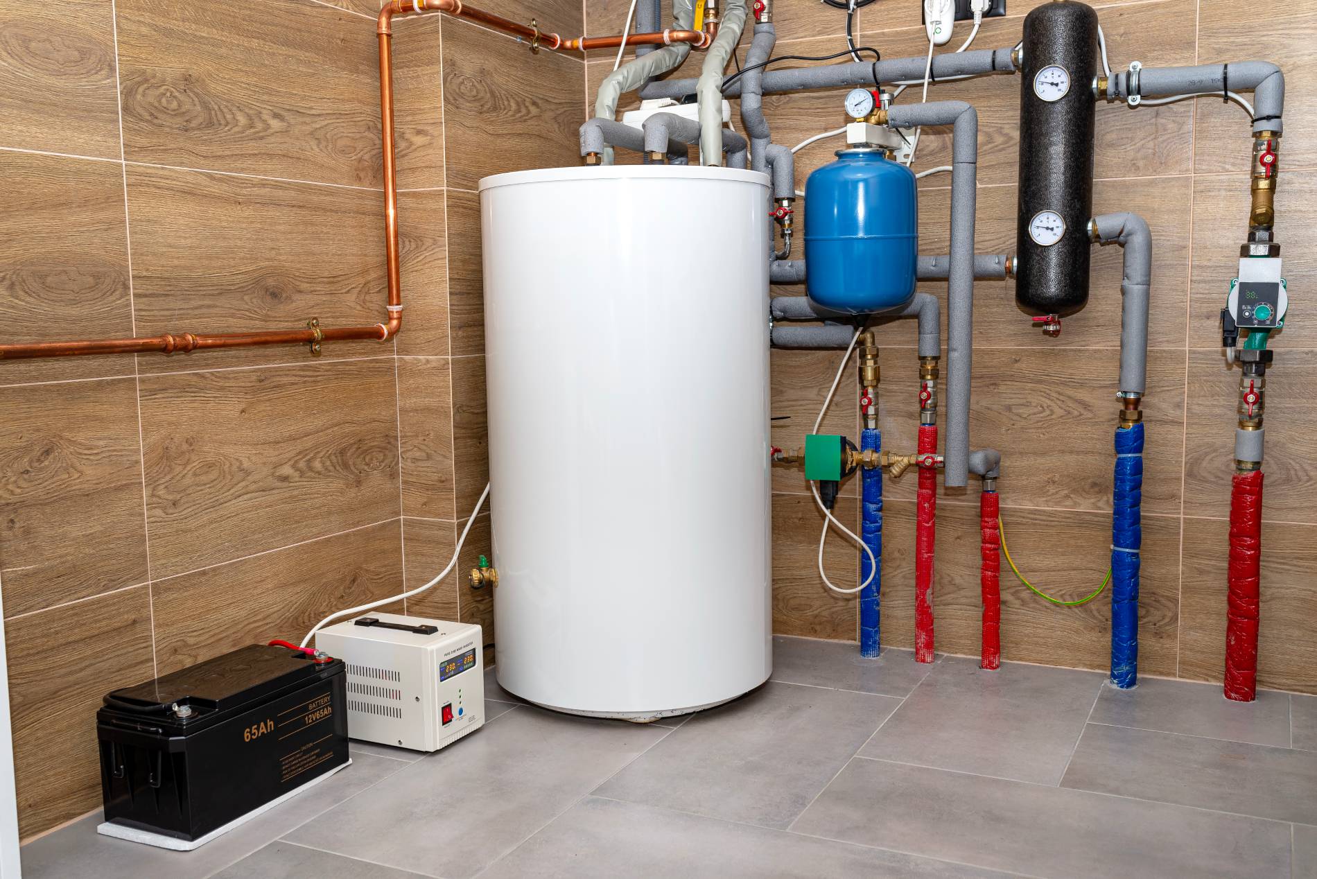 Modern residential heating system with a water tank, pipes, and boiler.